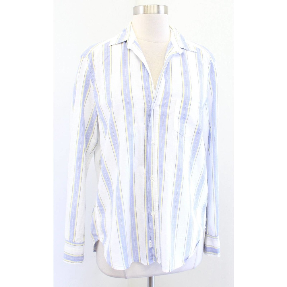 Frank and Eileen Eileen Striped V Neck Button Down Shirt Blouse XS Blue Yellow